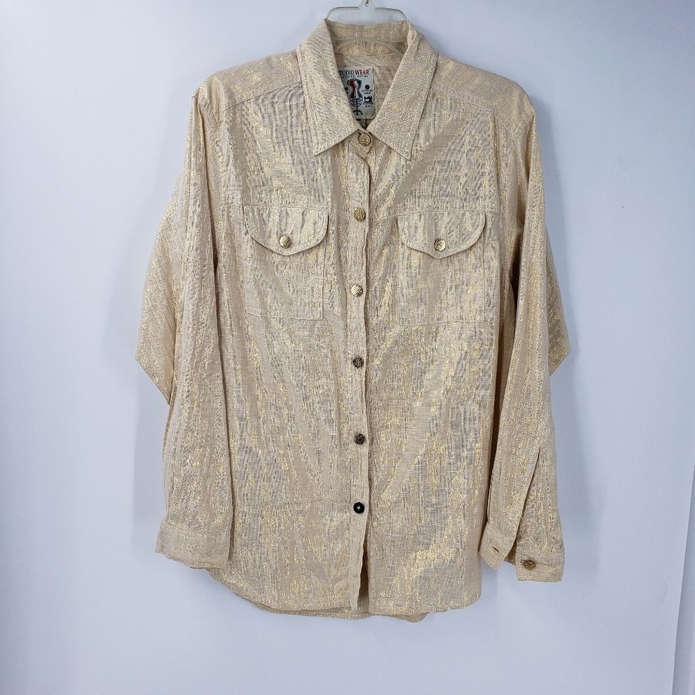 🩵STUDIO WEAR womens L gold button down shirt